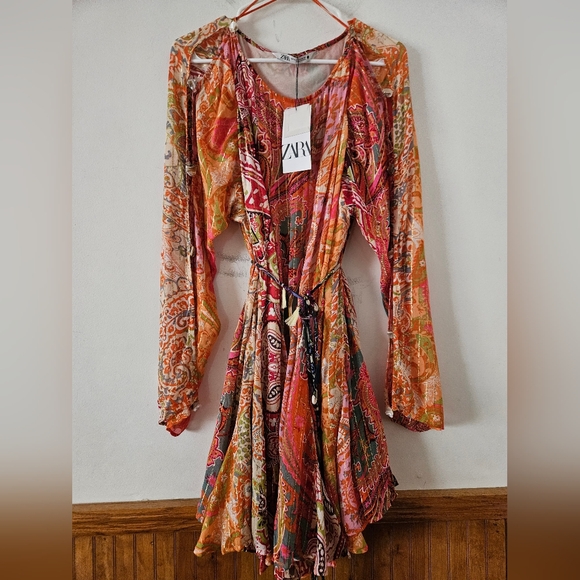 NWT Zara Short Printed Dress Belted Multicolored Orange Size XL 7521/049 - Picture 4 of 15